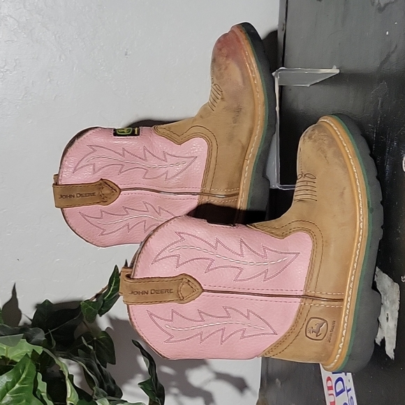 JOHN DEERE Pull On Pink Tan Leather Western Boots 12M Boys - Picture 2 of 15